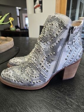 Women's Gray Studded Suede Ankle Booties with Side Zip